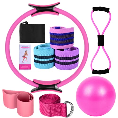 Pilates Training Set for Women - Magic Ring, Booty Bands, Yoga Ball 25cm, Figure 8 Resistance Band - Pink