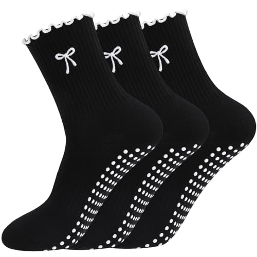 Non-Slip Pilates Socks for Women - 3 Pairs, Black