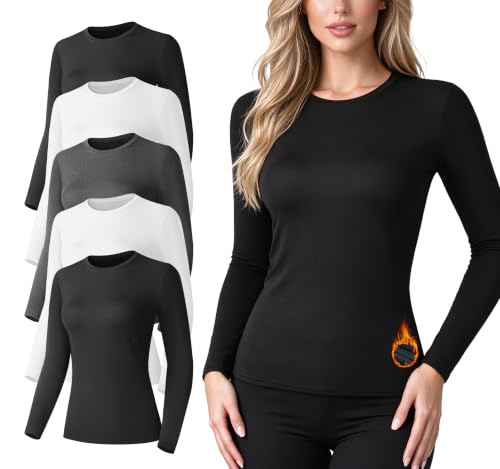 Kinglaman Women's Thermal Fleece Lined Long Sleeve Shirts 5 Pack - Black, White, Heather Grey, Large