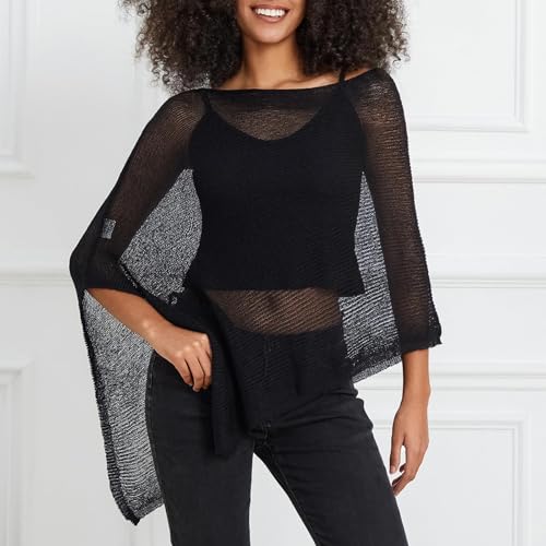 Women Sheer Crochet Mesh Beach Cover Up Shawl - One Size, Black