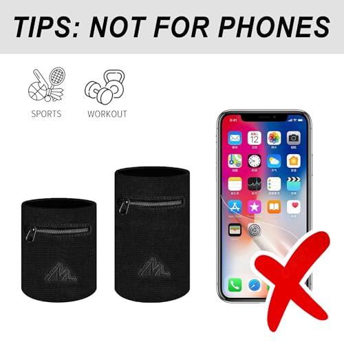 Wrist Wallet Wristband with Zipper - Large Black - Ideal for Running & Sports