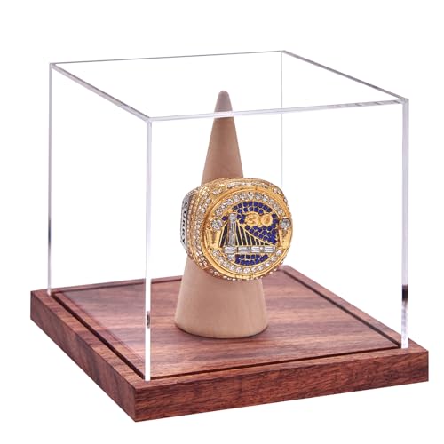 LiTY Acrylic Championship Ring Display Case - No Assembly, Wooden Stand, UV Protection, 1 Pack