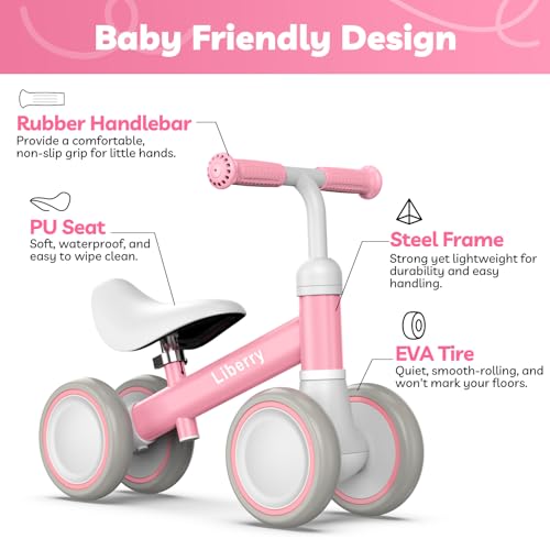 Pink Baby Balance Bike for Toddlers 1-2 Years Adjustable Seat Safety Features