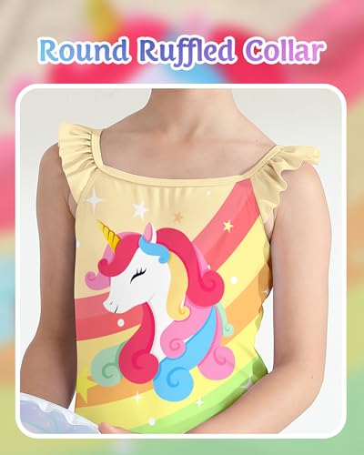 Toddler Girls One-Piece Swimsuit - Ruffle Strap, Rainbow Unicorn, 7-8 Years
