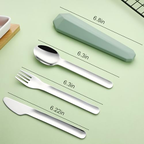 Portable Lunch Utensils Set - 4 Pcs Silverware with Case, Green