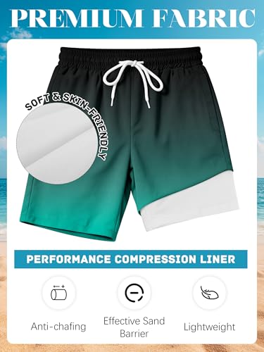 Boys Swim Trunks with Boxer Liner - Gradient Emerald, UPF 50+