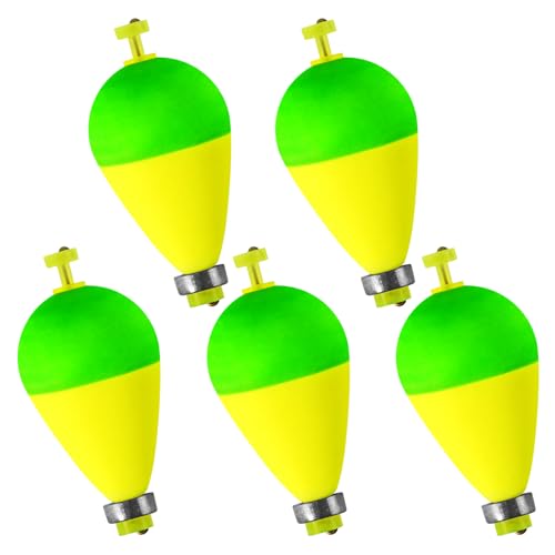 Weighted Fishing Bobbers - 5 Pack Snap-on Spring Floats - Green/Fluorescent Yellow, 1.6in