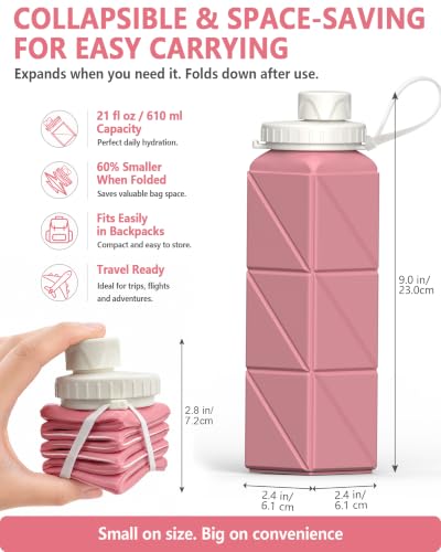 Collapsible Silicone Travel Water Bottle 21oz - Pink