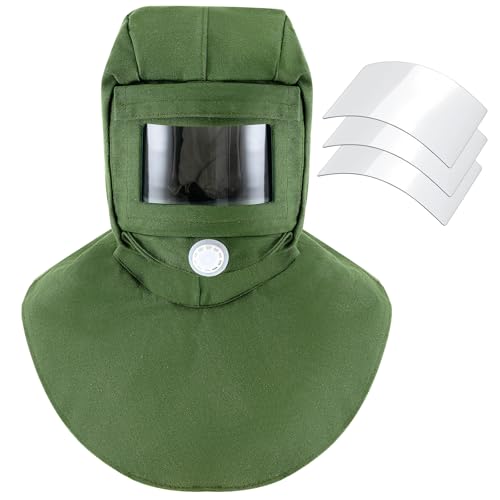 Jecery Sand Blasting Hood Mask with Replacement PC Lens Canvas Shawl Cap for Polishing Painting Dusting Grinding(Green,3 Replacement Lens)