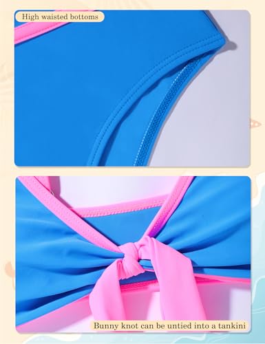 Girls 3PCS Bikini Set with Cover Up Skirt - Blue & Pink, Size 13-14