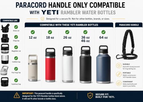 MissionX Paracord Handle for YETI Rambler Bottles 12oz-64oz, Black Speckled
