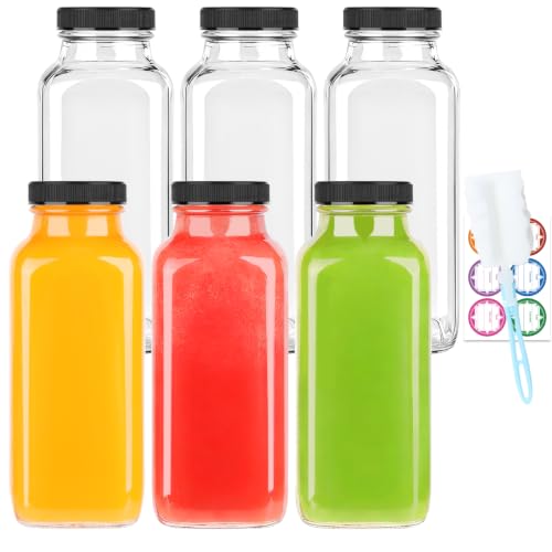 GUANENA 12 oz Square Glass Juice Bottles Set of 6 with Lids, Reusable & BPA-Free
