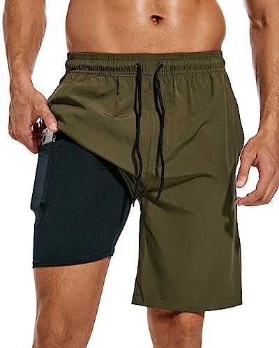 Difficort Men's 9" Army Green Swim Trunks - Large Waterproof Bathing Shorts