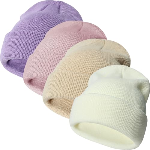 4-Pack Baby Winter Knit Beanie Hat Set - 6-24 Months, White/Purple/Pink/Beige
