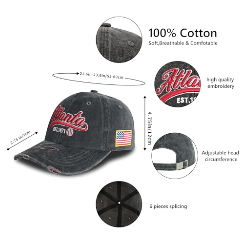 BEHDIJ Vintage Washed 3D Embroidered Baseball Cap L-Atlanta - Adjustable Cotton Dad Hat for Men Women Teens
