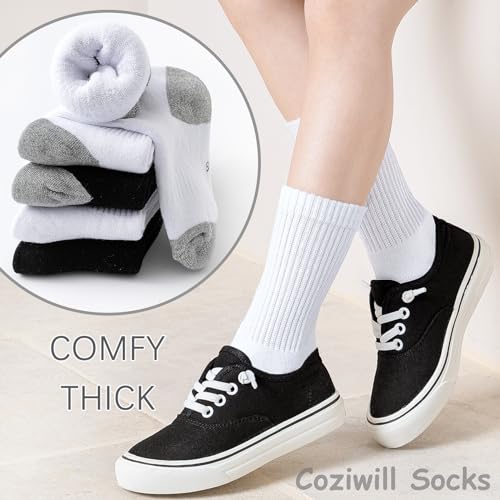 Kids Crew Socks 6 Pairs | Cushioned Athletic & Dress Socks for Boys & Girls, White, Large