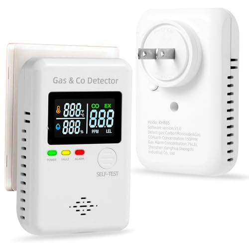 Combination Natural Gas & Carbon Monoxide Detectors,4-in-1 Real-time Display & Monitor,Low-Concentration Detect,Plug in Propane Detector & CO Alarm, for Home,Camping,RV,Apartment