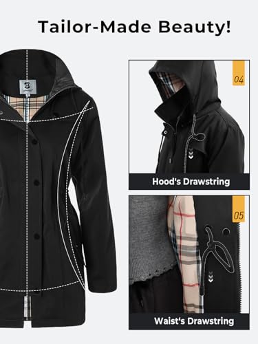 SaphiRose Women’s Long Hooded Rain Jacket - Black, Small