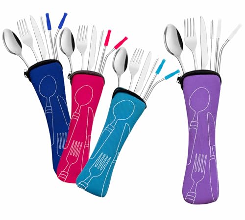 ECOBERI Reusable Travel Utensils Set with Case - Multicolor, 4 Complete Sets