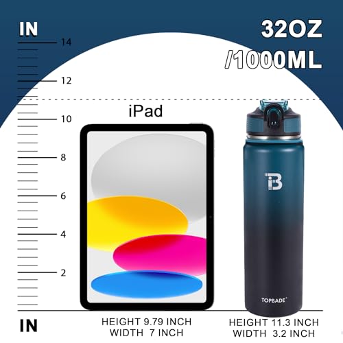 32oz Insulated Water Bottle with Straw & Spout Lids - Blue Black - Double Wall Stainless Steel for Gym Outdoor