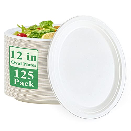 Vplus 12-Inch Compostable Oval Paper Plates 125 Pack White - Eco-Friendly Disposable Dinnerware