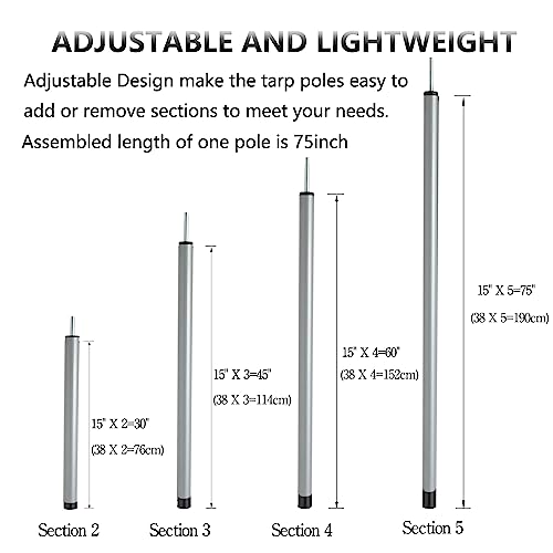 Gray Adjustable Tent Poles Set of 2 for Camping Tarps Canopies with Pegs & Reflective Ropes
