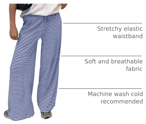 Trendy Queen Women’s Blue White Striped Wide Leg Pants Medium Fall Casual Baggy Sweatpants