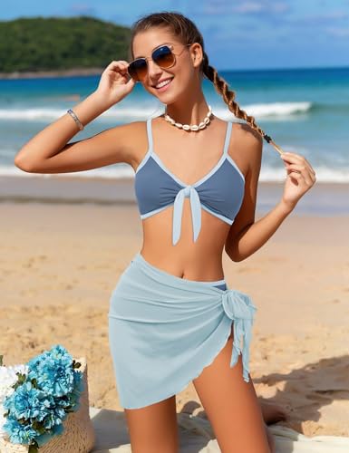 Girls 3PCS Swimsuit Bikini Set with Cover-Up Skirt - Dark Blue, 7-8 Years