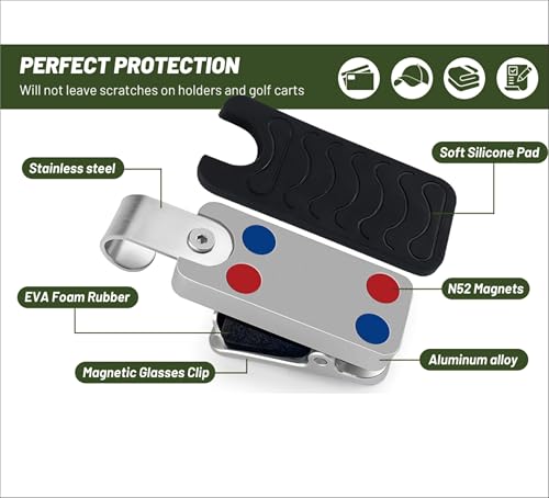 Magnetic Golf Cart Sunglass Holder - Aluminum Eyewear Clip with Hook