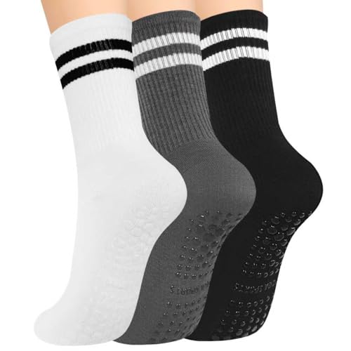 Yoga Socks with Grips for Women - Crew Length - One Size (Black, White, Grey)