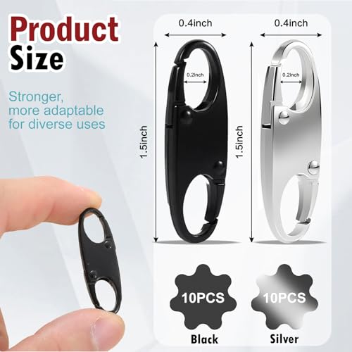 Anti-Theft Zipper Clips - Double Opening Carabiner, Set of 20 - Black & Silver