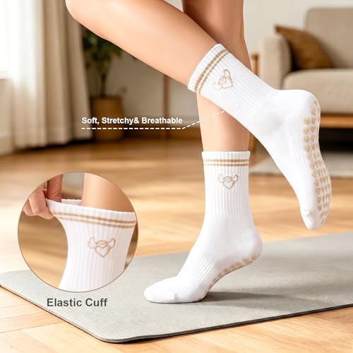 Non-Slip Grip Pilates Socks for Women - 2-Pack Beige Love