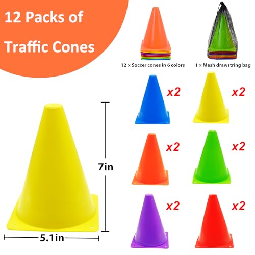 7" Soccer Cones Set - 42 Pcs Multicolor Training Cones with Carry Bag