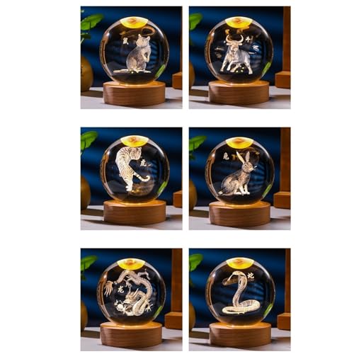 Luminous Crystal Ball Night Light - Rat, 8cm - Solid Wood Base