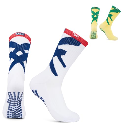 LUX Sports Soccer Grip Socks Medium White, Red & Blue - USA Calf Support
