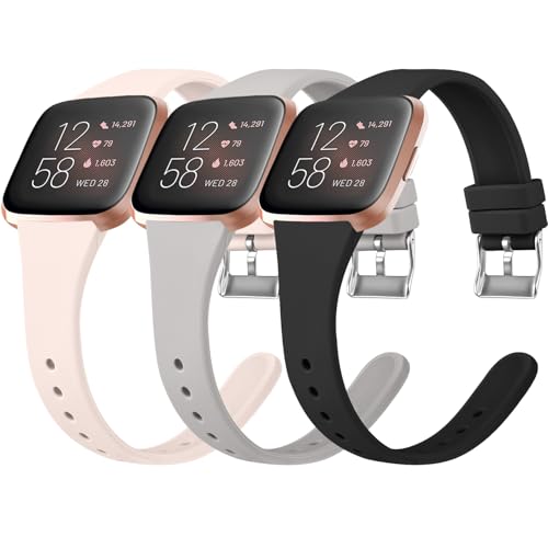 Slim Silicone Replacement Bands for Fitbit Versa 2 - Small, Black/Gray/Pink Sand - Pack of 3