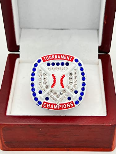 Tournament Champion Softball Baseball Ring - White Body, Blue Stones, Red Sides