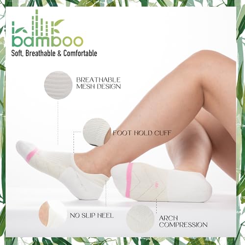 BRISIRA 3 Pairs Women's Bamboo Viscose Coolmax Running No Show Athletic Socks, Moisture-Wicking, Low Cut, Compression, White, Size 8-10