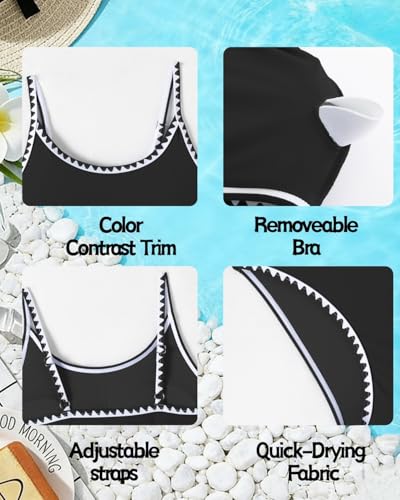 Girls Sporty High Waist Bikini Set - Double Strap, Black, 14 Years