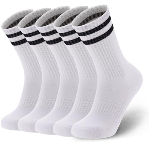 Ultrafun X-Large White Striped Crew Socks - Cotton Cushioned Athletic Sports Socks for Men Women Teens