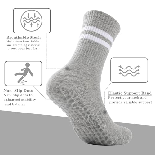 Non-Slip Pilates Socks with Grips for Women - 3 Pair Grey Cotton
