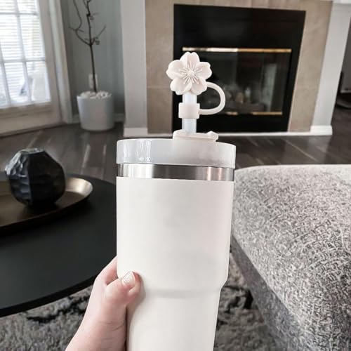 Rokhevn White Flower Silicone Straw Cover for Stanley 30Oz & 40Oz Tumblers, 9-10mm Diameter, Dust-Proof & Splash-Proof
