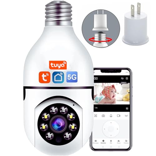 Light Bulb Security Camera, 5GHz 2.4GHz ,Degree Pan/Tilt Panoramic IP Security Camera, TUYA WiFi 1080P Smart Home Surveillance Cam with Motion Detection Alarm Night Vision Two Way Talk Indoor E27