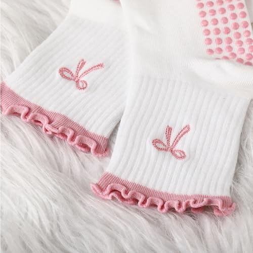 Cute Pilates Grip Socks for Women - Nonslip Yoga - Pink Bow