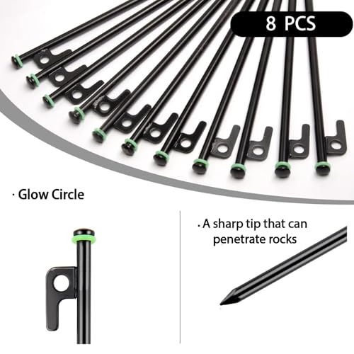 Heavy Duty Tent Stakes - 8 Inch Metal Pegs with Silicone Rings & Bag - 8 PCS - Black