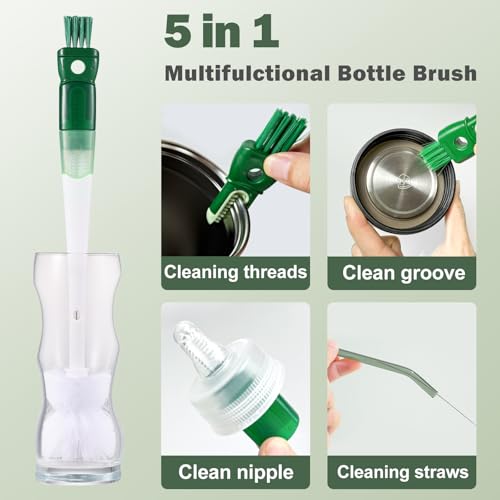 XYFuuee 5Pcs Green Water Bottle Cleaning Brush Set - 5-in-1 Drinkware Cleaner