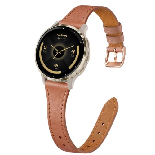 Brown Slim Leather Watch Band 18mm Quick Release Compatible with Garmin Venu 3S 4 2S Vivoactive 4S Vivomove 3S Forerunner 265S 255S