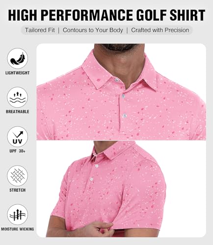 ZITY Men's Pink Splattered Paint Golf Polo Shirt XL Performance Moisture-Wicking Short Sleeve Collared Print for Golf & Casual