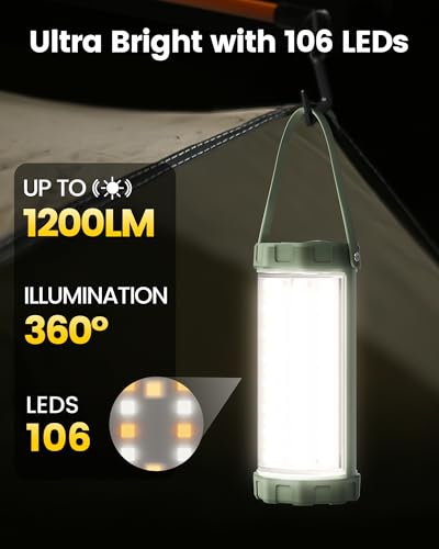 Glocusent 106 LED Camping Lantern - Rechargeable 5000mAh, Waterproof, Emergency Light, Green