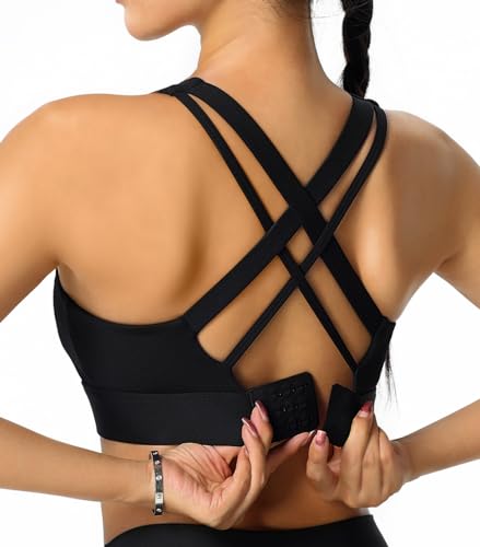 BYAWAY High Impact Sports Bra for Women - Criss-Cross Back, Molded Cups, Medium Black